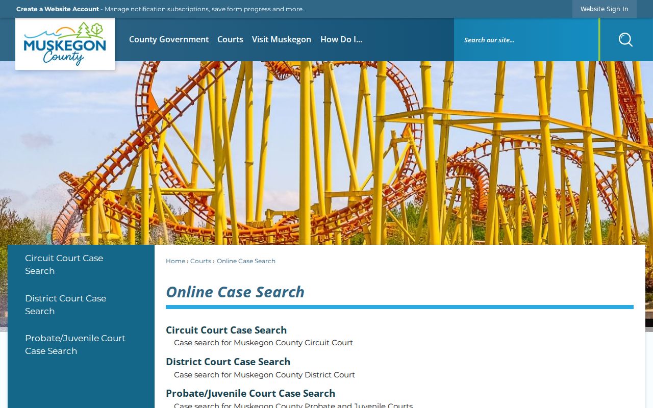 Muskegon County docket search routing page for Circuit District and Probate courts