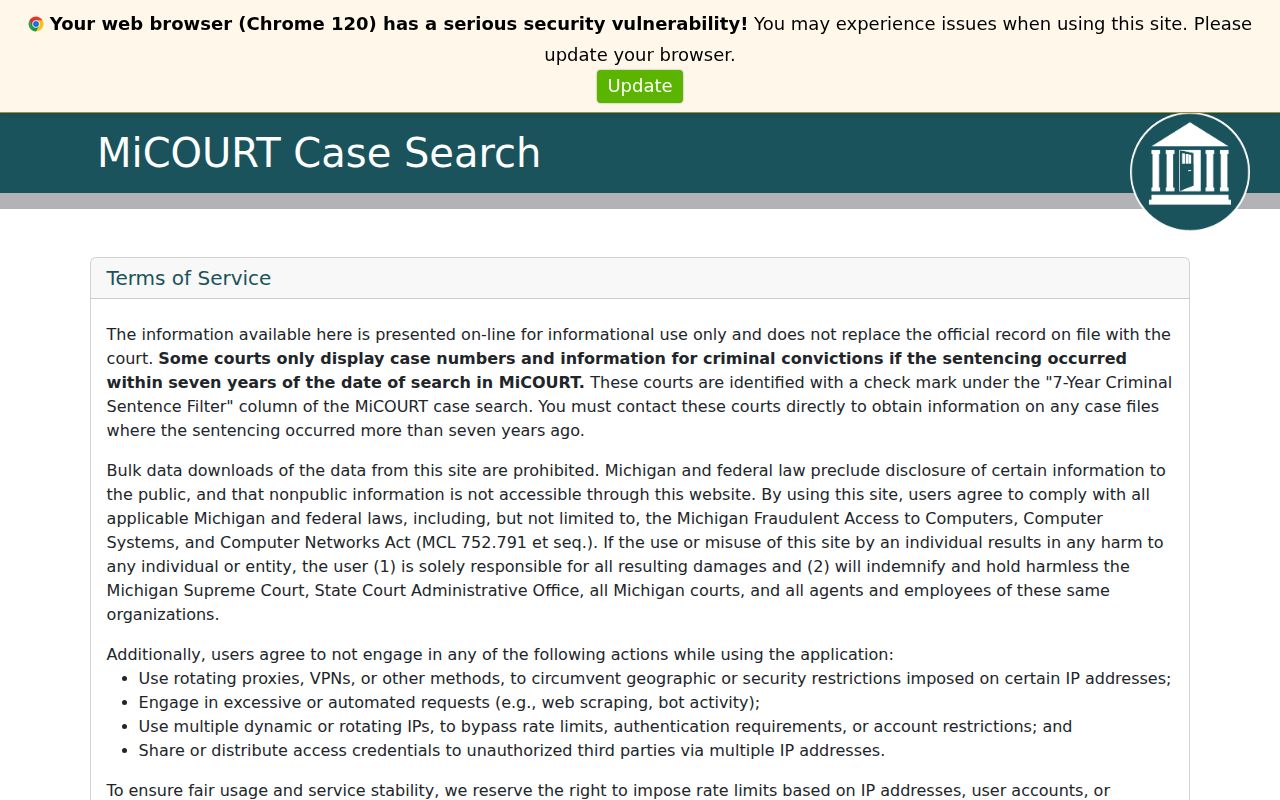 Muskegon County case search MiCOURT public notice and Continue control