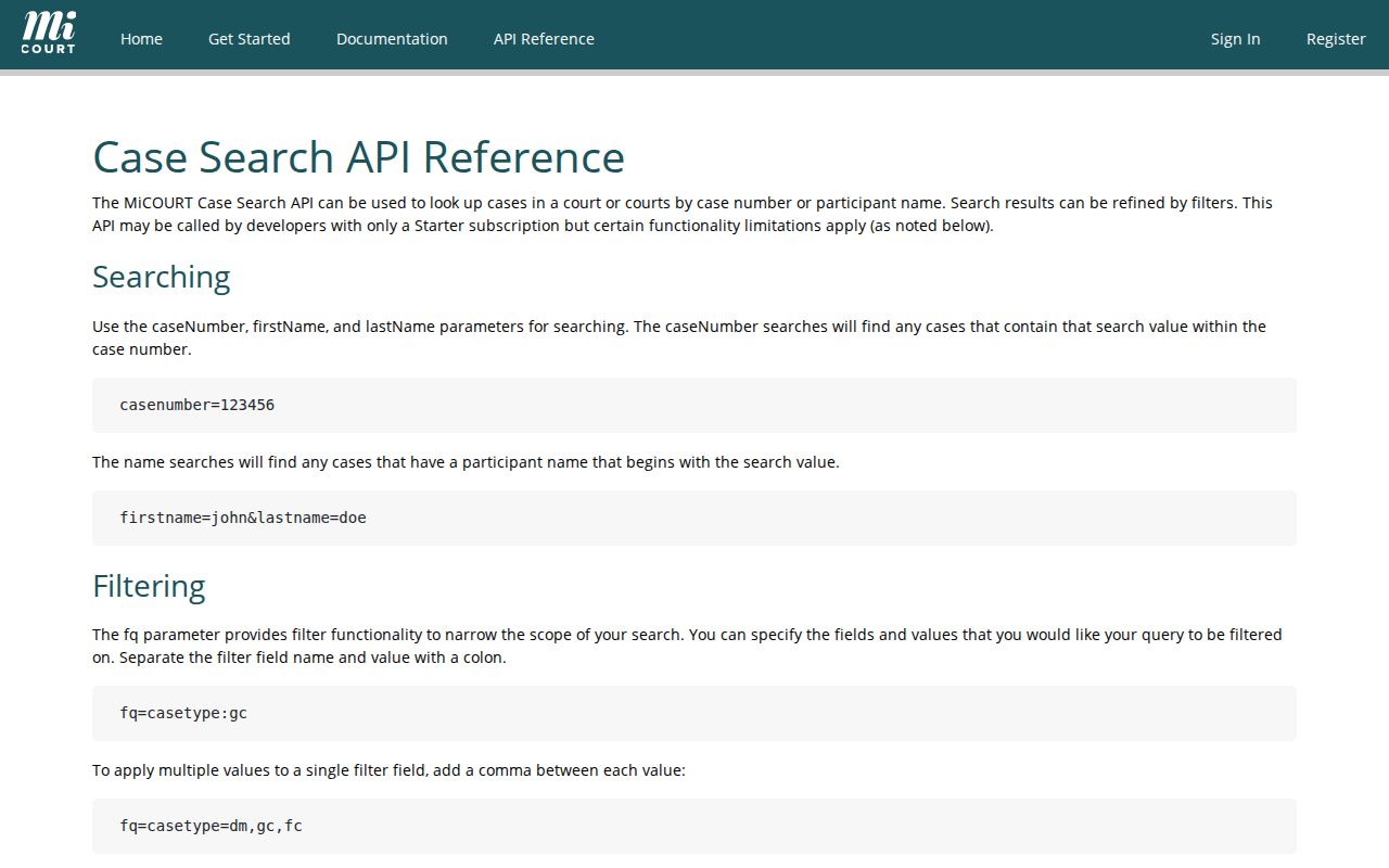 Muskegon County case search MiCOURT API reference page