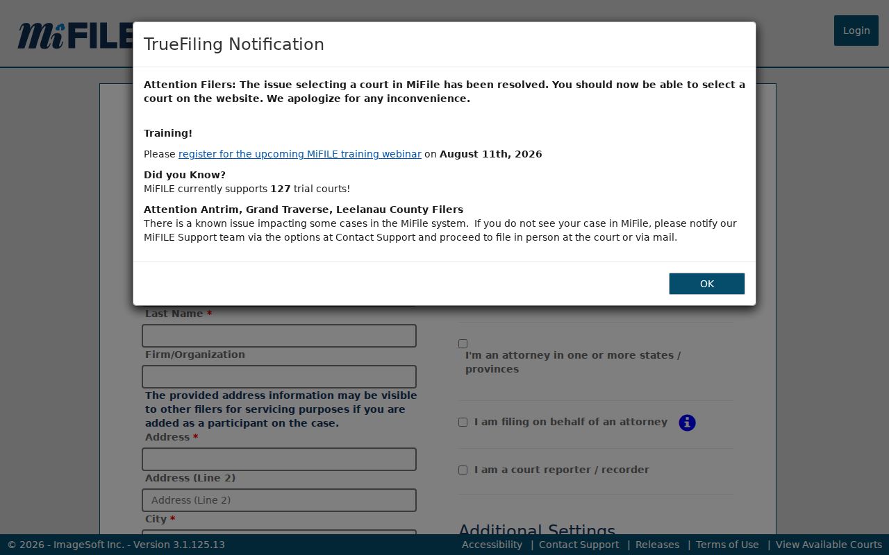 Muskegon court records TrueFiling registration fields