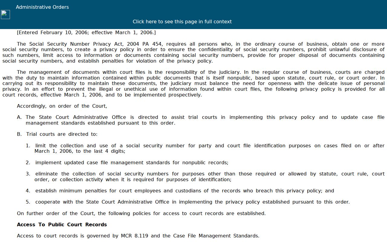 Roosevelt Park court records Michigan court privacy and access order