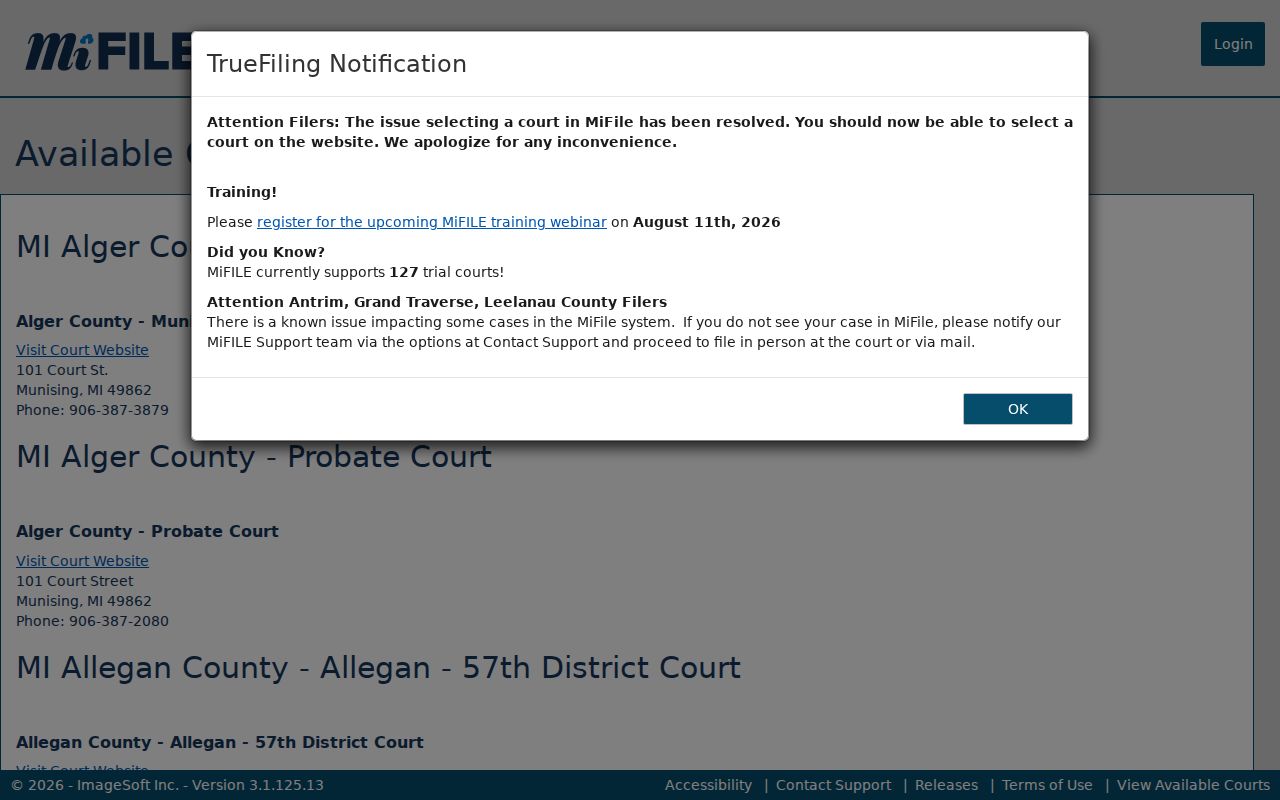 Muskegon County civil court docket TrueFiling available court listing