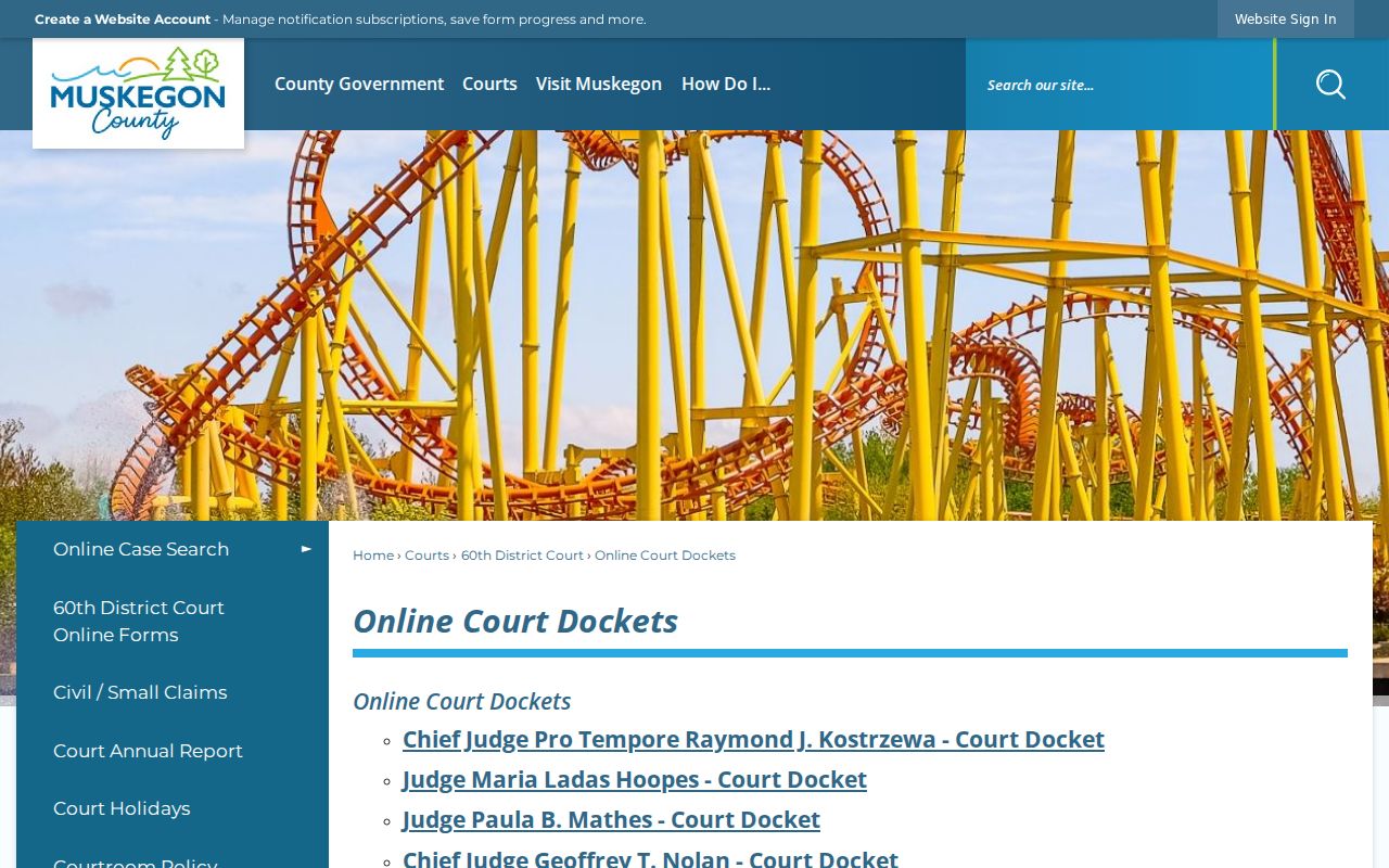 Muskegon County court schedule page with District Court docket displays